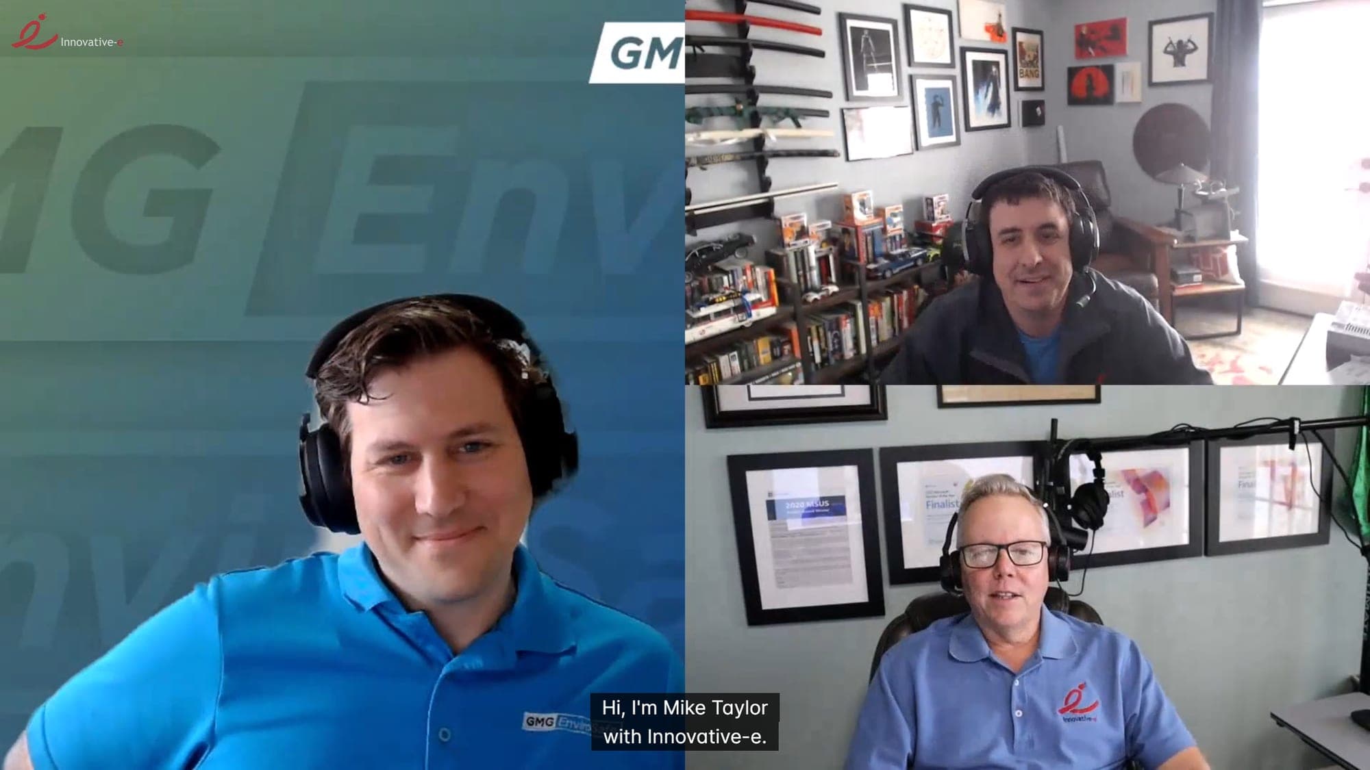 Video call screenshot of three men wearing headsets, one in a blue GMG EnviroSafe polo, with a caption reading Hi, I'm Mike Taylor with Innovative-e