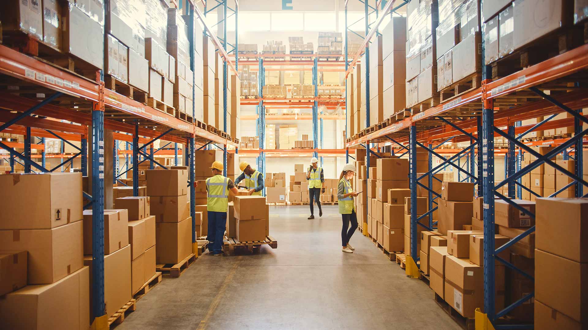 Warehouse aisle between tall pallet racks where workers in yellow vests and hard hats sort cardboard boxes