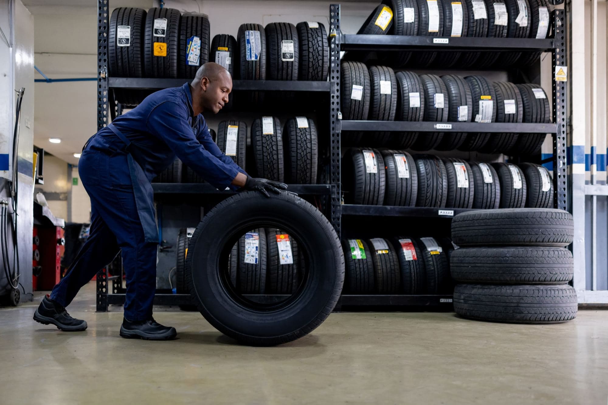 Tire technician carrying a new passenger tire past a stocked tire rack in a service bay